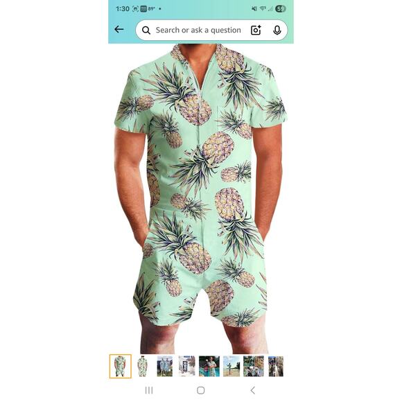 Mens 2X 3D Printed Pineapple Zip Front Short Sleeve Romper - Picture 1 of 5